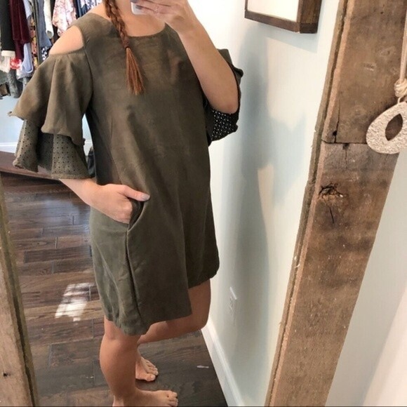 ADELINE large NWT olive suede cold shoulder dress - Picture 5 of 8
